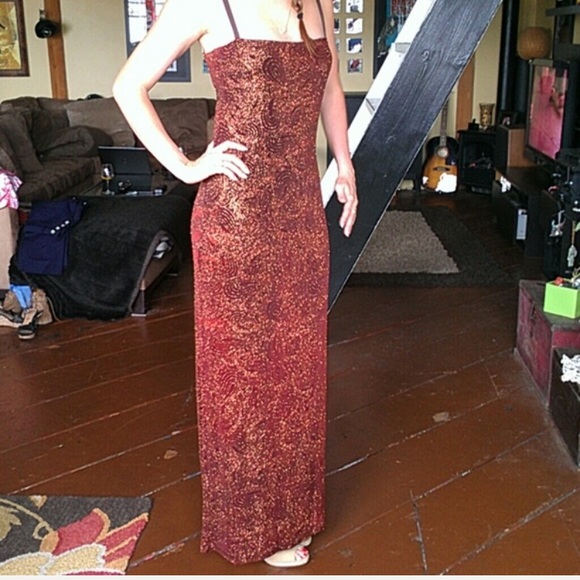 Vintage Dresses & Skirts - 90s Vintage Metallic Bronze Shimmery Open Back Maxi Gown